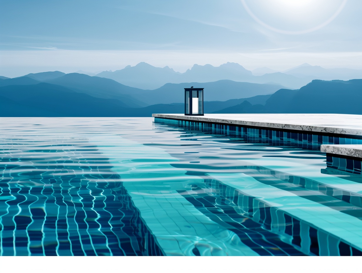 Bright professional photograph of crystal-clear swimming pool water with soft light reflections, discreet water testing kit on a light stone edge, clean blue and white tones, minimalist Swiss spa aesthetic, airy composition, calm and premium mood, no people, ultra-realistic photography --ar 4:3 --raw --profile bqojfan --v 6 Job ID: 404660c0-c3d1-46b9-9d81-35c1c2046bf7