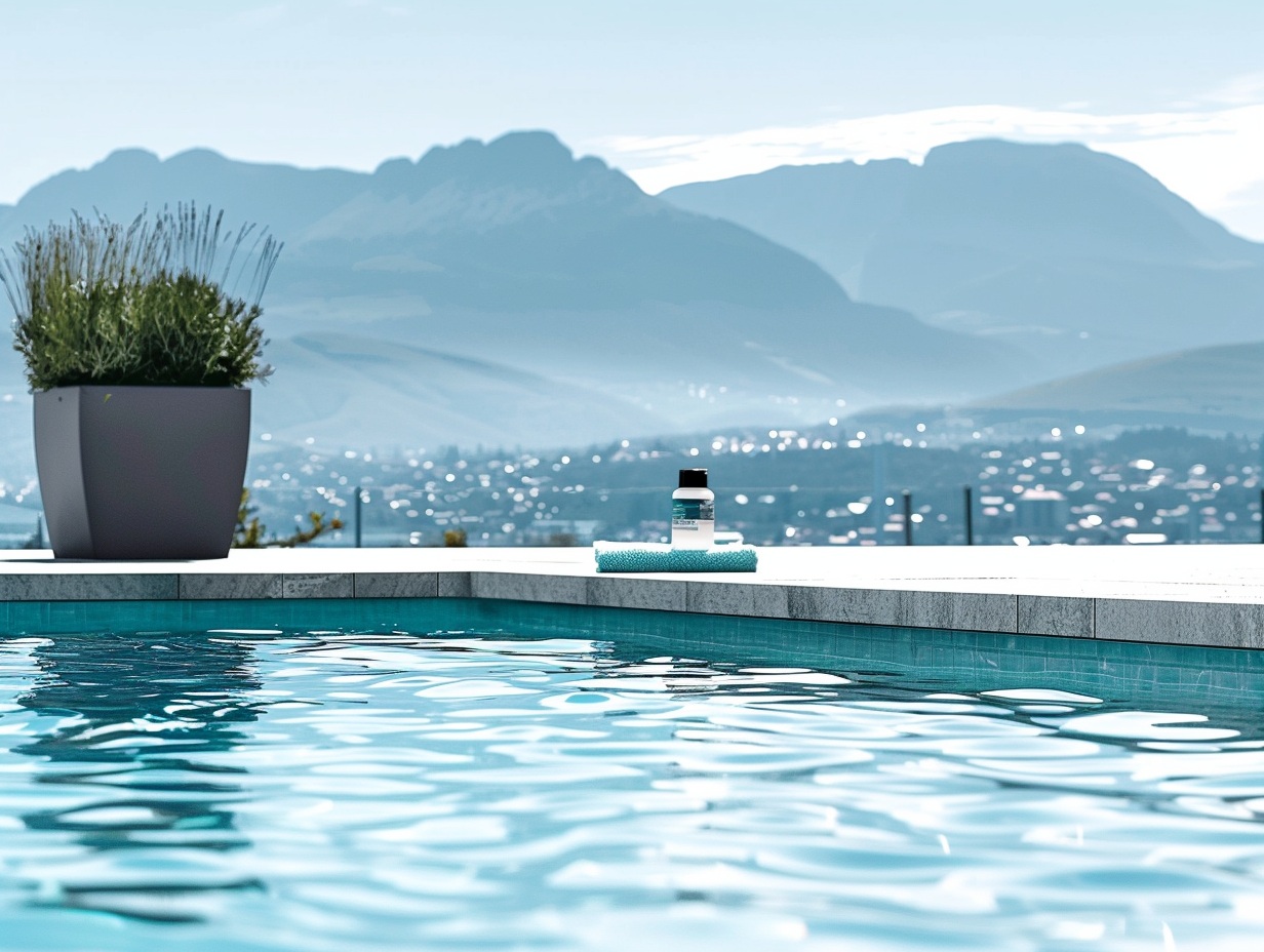 Bright professional photograph of crystal-clear swimming pool water with soft light reflections, discreet water testing kit on a light stone edge, clean blue and white tones, minimalist Swiss spa aesthetic, airy composition, calm and premium mood, no people, ultra-realistic photography --ar 4:3 --raw --profile bqojfan --v 6 Job ID: 404660c0-c3d1-46b9-9d81-35c1c2046bf7