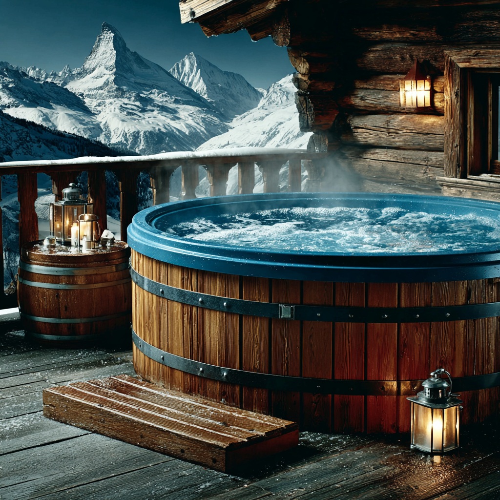 A steaming outdoor spa or Nordic bath in a mountain chalet environment, crystal-clear water, soft mist, wooden textures, winter alpine setting, luxury wellness atmosphere, calm and inviting mood, no people, cinematic lighting --seed 1325757196 --sref 5573064198 --profile bqojfan --v 7 Job ID: 92e543ab-2b1e-44ba-8b0c-b90d6e1cf72f
