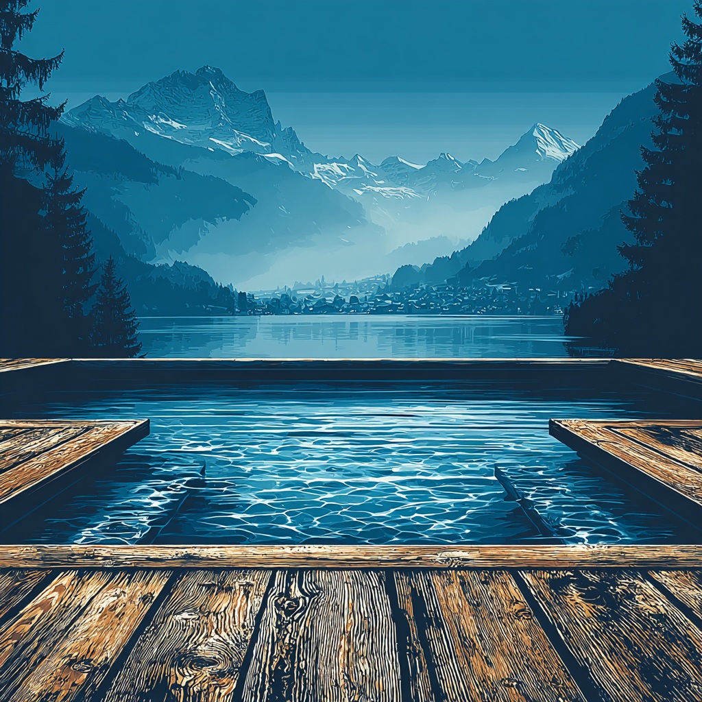 Outdoor spa or Nordic bath with crystal-clear water, light steam rising gently, wooden textures, bright alpine environment, soft daylight, luxury wellness atmosphere, clean and calming composition, no people --profile bqojfan --v 7 Job ID: 5cccb17b-7a39-49a6-a988-5e8005cc24a1
