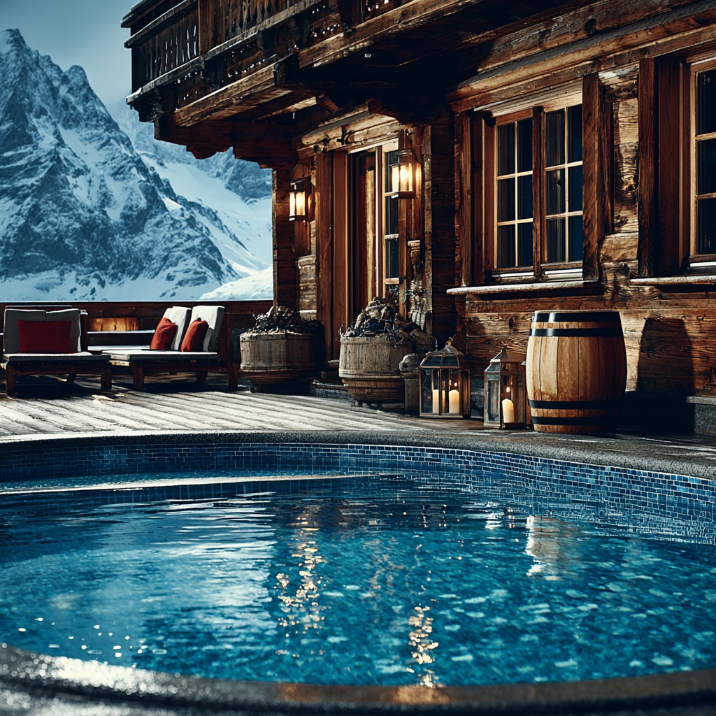 A steaming outdoor spa or Nordic bath in a mountain chalet environment, crystal-clear water, soft mist, wooden textures, winter alpine setting, luxury wellness atmosphere, calm and inviting mood, no people, cinematic lighting --seed 1325757196 --sref 5573064198 --profile bqojfan --v 7 Job ID: 92e543ab-2b1e-44ba-8b0c-b90d6e1cf72f
