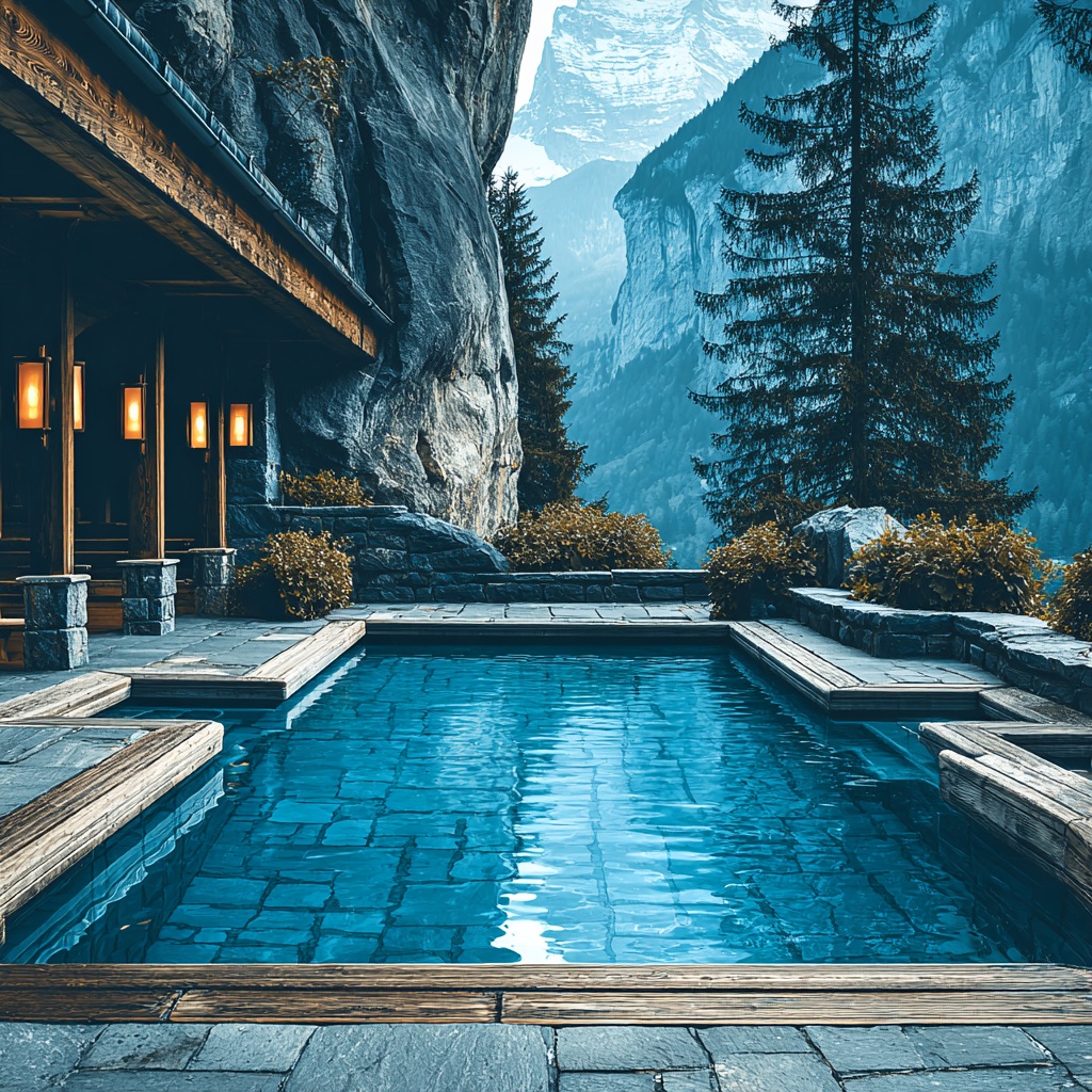 Outdoor spa or Nordic bath with crystal-clear water, light steam rising gently, wooden textures, bright alpine environment, soft daylight, luxury wellness atmosphere, clean and calming composition, no people --profile bqojfan --v 7 Job ID: 5cccb17b-7a39-49a6-a988-5e8005cc24a1